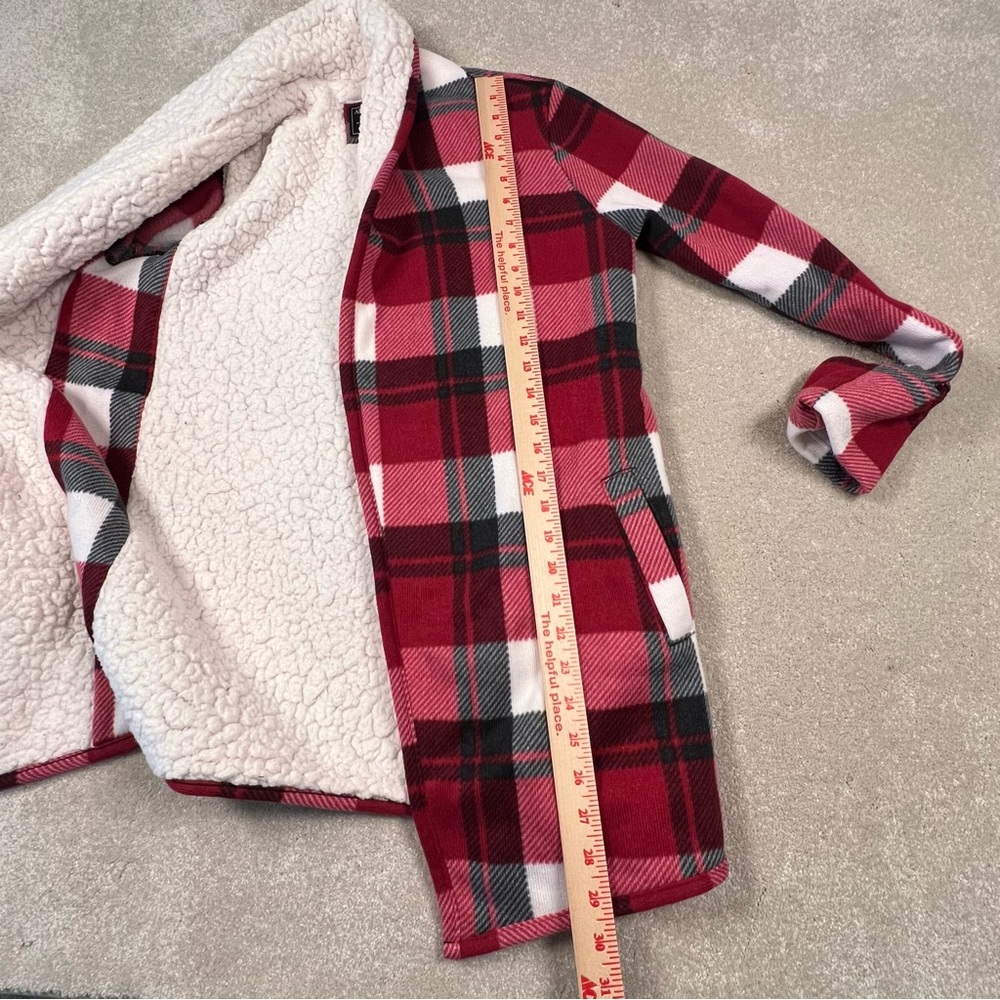 Abercrombie Red Plaid Open Front Cardigan Jacket Sherpa Lined Long Comfy Women S - Picture 7 of 12